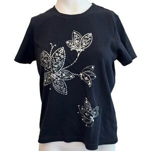 Womens L Black Butterfly Sequined Shirt Top Pullover Silver Butterflies
